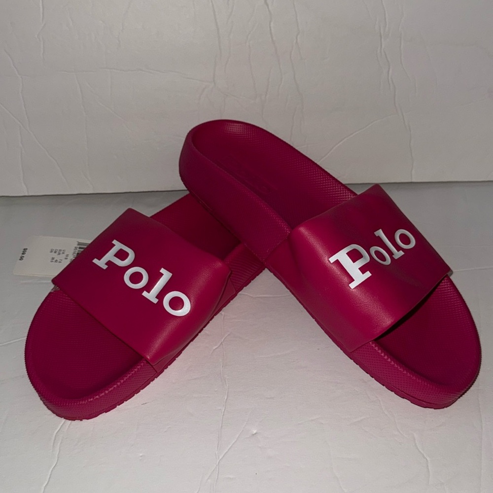 NWT Polo by Ralph Lauren Pink Sandals Textured Footbed Large Logo Women’s Sz 9